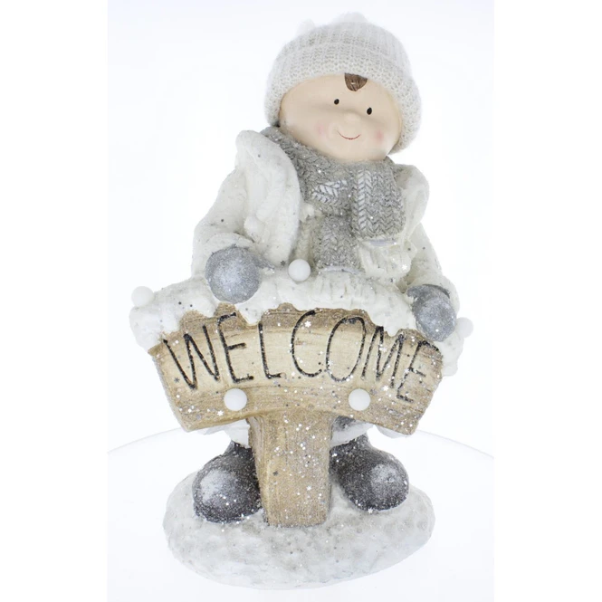 Winterkind Mit Schild Und LED - Ca. 28 X 23 X 50 Cm