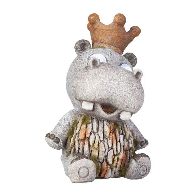 Nilpferd Mit Krone - Mit Solar LED - Aus Polyresin - Ca. 14,5x13x22 Cm