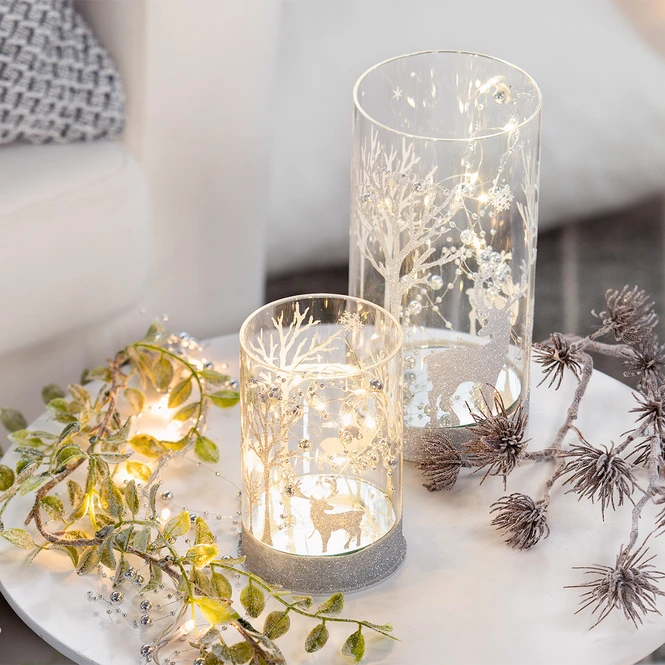 LED-Zylinder - Hirsche - Aus Glas - Ca. 9 X 9 X 13 Cm